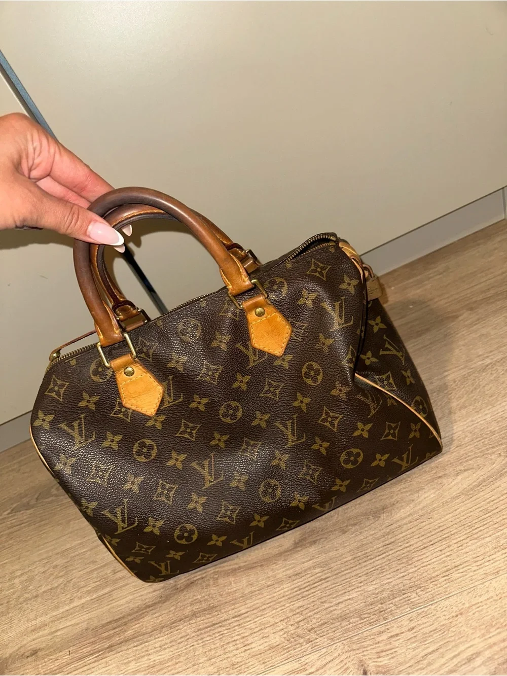 Louis Vuitton Brown Monogram Canvas Handbag with Tan Trim